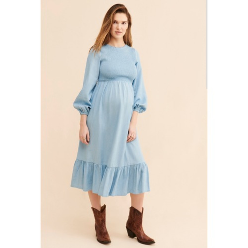 Ingrid & Isabel The Meadow Smocked Chambray Midi Dress Maternity Cottagecore XS